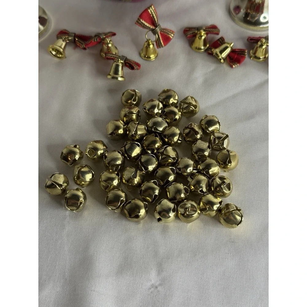 Vintage‎ Christmas Bell Lot Jingle Ornaments Gold Red Bow Taiwan Craft Decor